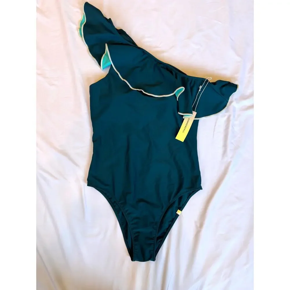 NWT Summersalt Sidestroke The Ruffle Teal One Shoulder Swimsuit, 8 - Picture 3 of 7